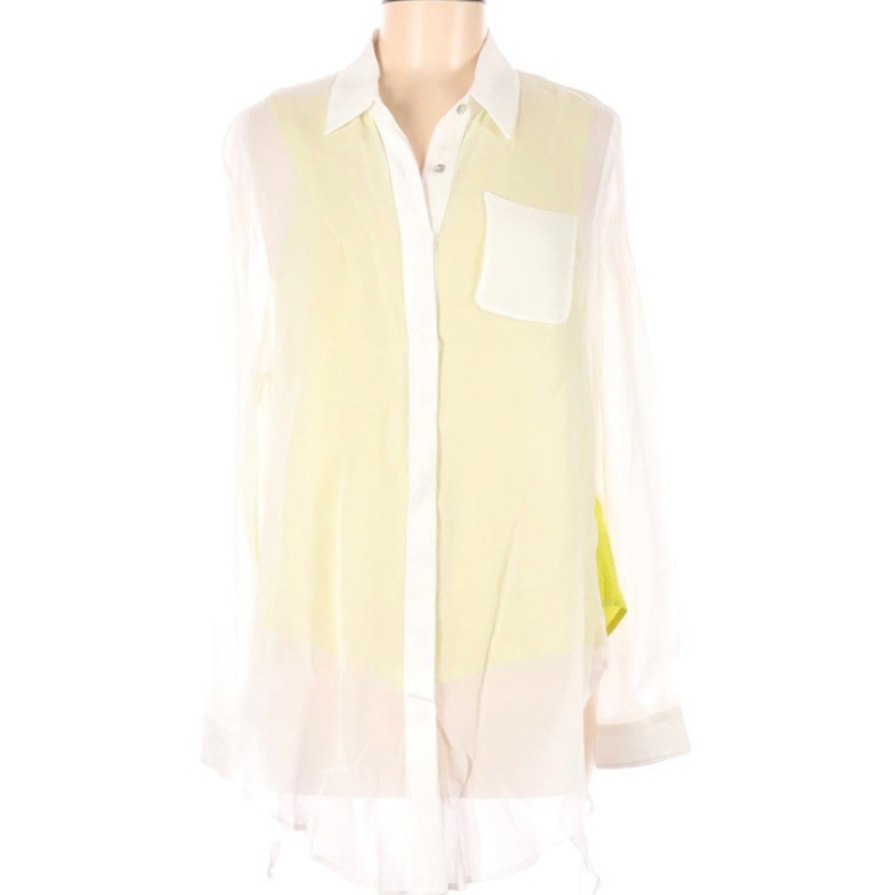 SALE- Line & Dot Sheer High Low Button Front Blo…